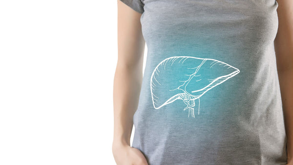 Person wearing shirt with liver illustration, highlighting liver health.