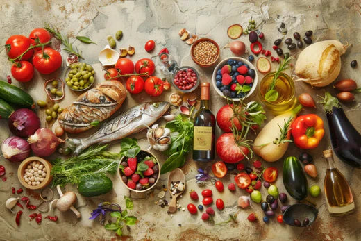 Mediterranean diet ingredients with fresh vegetables, herbs, bread, and fish on a rustic table.