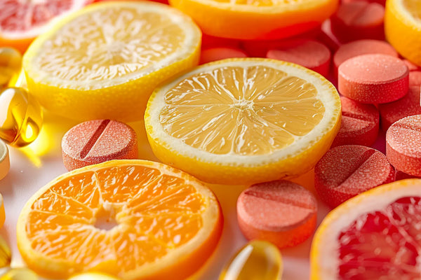 Citrus slices with vitamins and supplements.