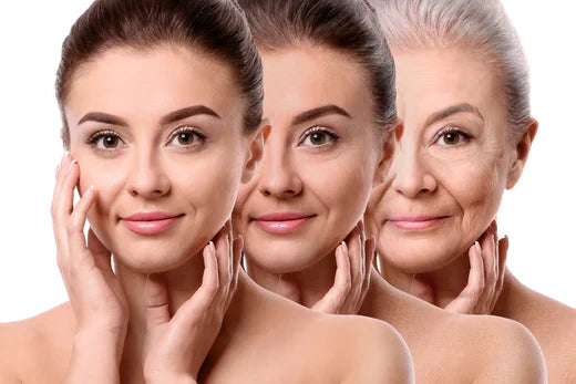 Aging progression concept showing three women at different life stages.