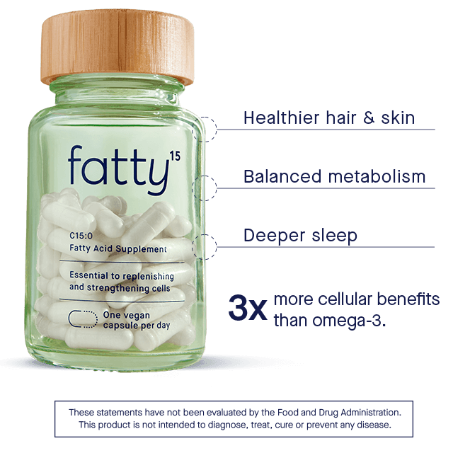 
                A bottle of Fatty15&#39;s C15 supplement with capsules inside.