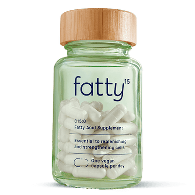 Fatty15's C15 supplement vegan capsules in a glass bottle