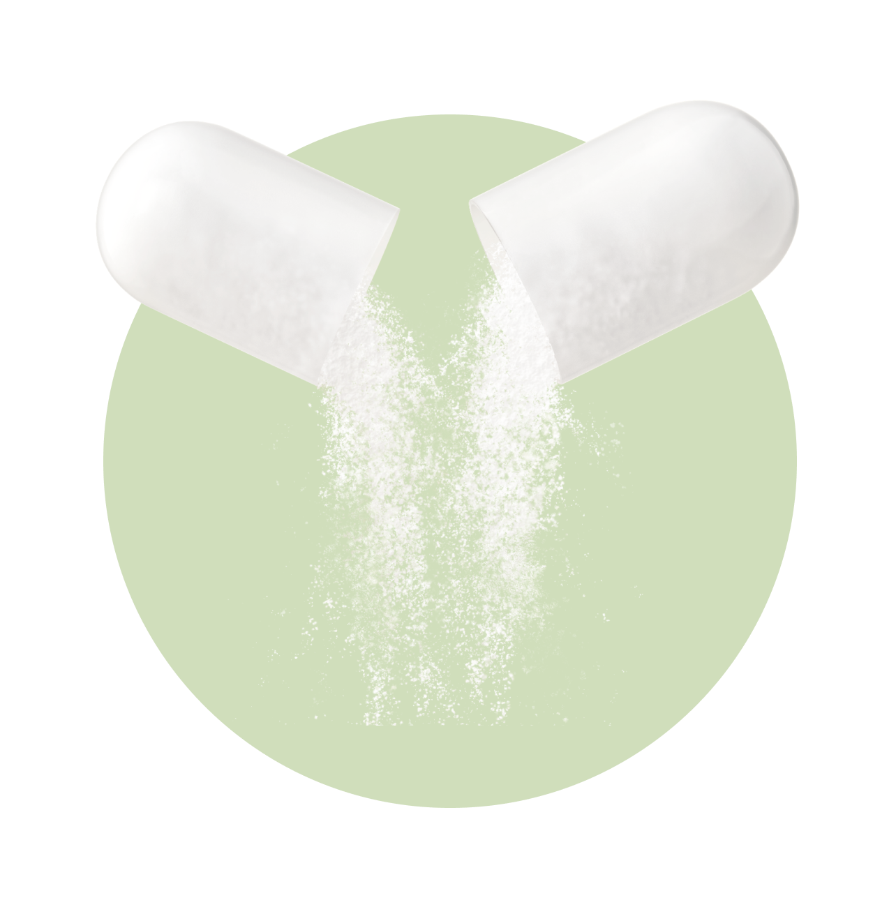 Open C15 supplement capsule with powder on a green background.