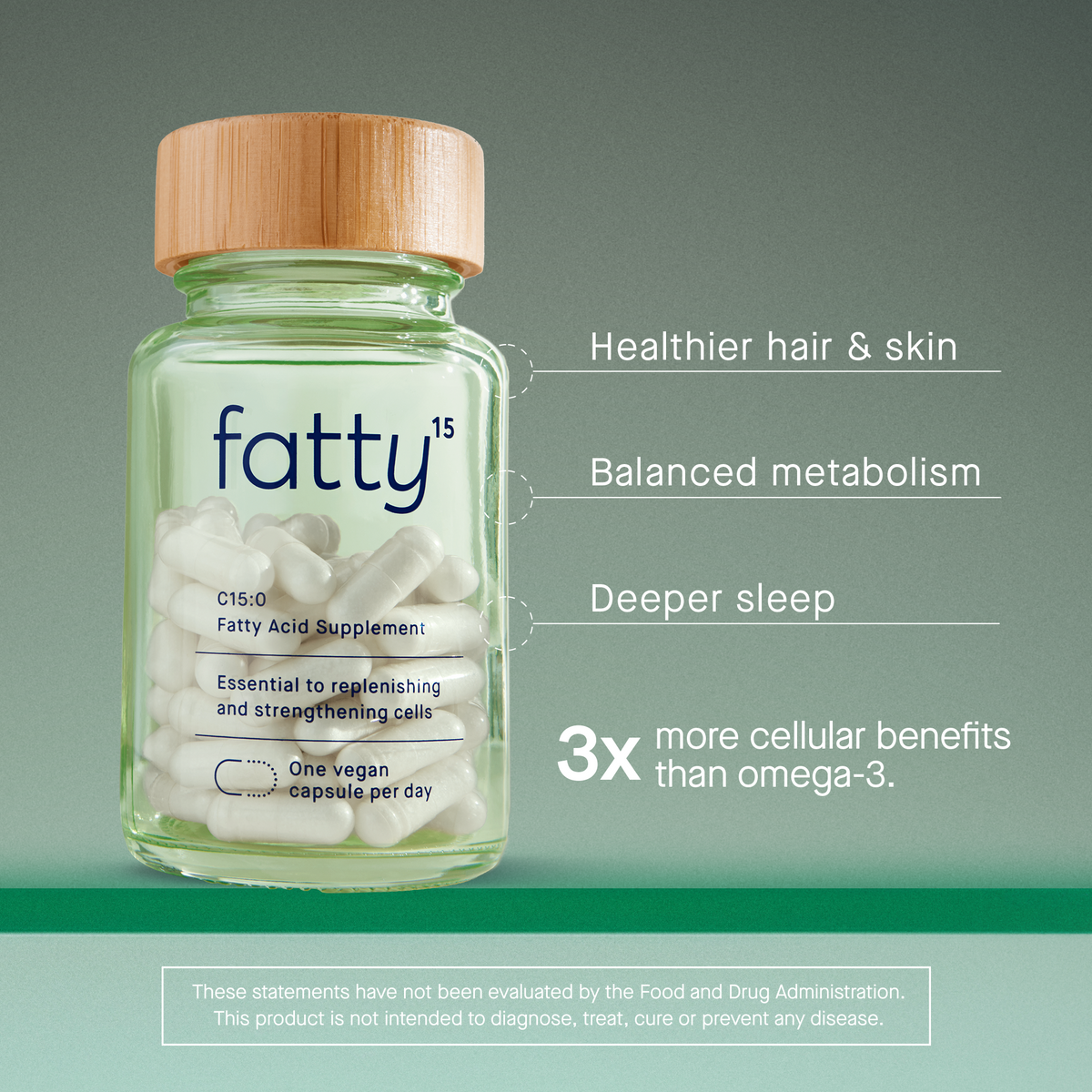 
                Fatty15&#39;s C15 supplement bottle with health benefits displayed.