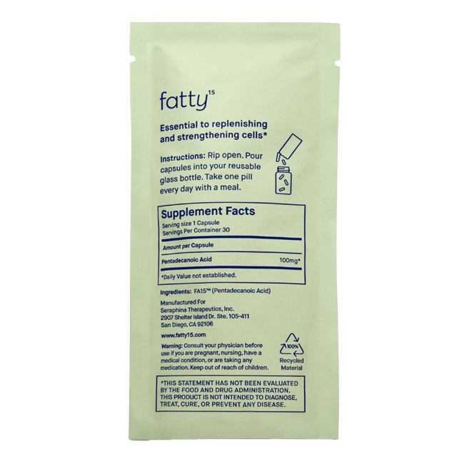 
                Fatty15&#39;s C15 supplement package with nutritional information.