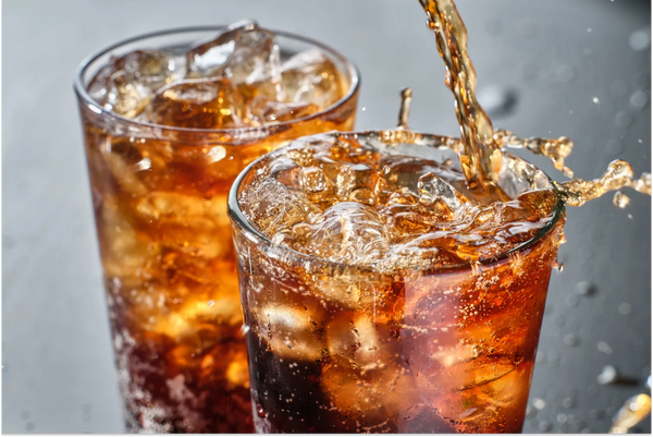 Refreshing cola being poured over ice in glass.